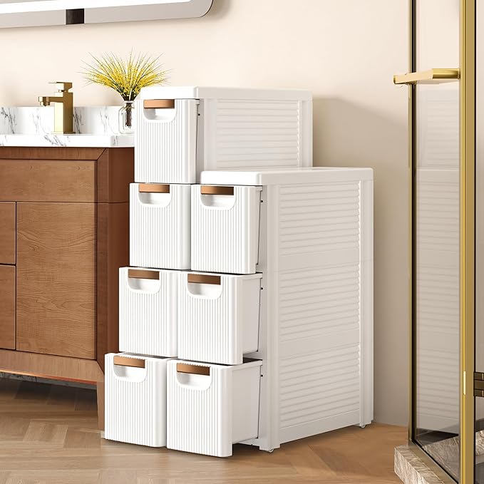 VECELO 4-Drawer Narrow Bathroom Storage Cabinet, Mobile Plastic Slim Rolling Organizer Cart with Built-in 4 Wheels for Living Room, Kitchen, Bathroom, Bedroom, Office, White(16.5" x 7.5" x 28.9")