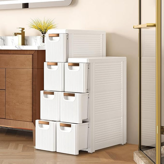 VECELO 4-Drawer Narrow Bathroom Storage Cabinet, Mobile Plastic Slim Rolling Organizer Cart with Built-in 4 Wheels for Living Room, Kitchen, Bathroom, Bedroom, Office, White(16.5" x 7.5" x 28.9")