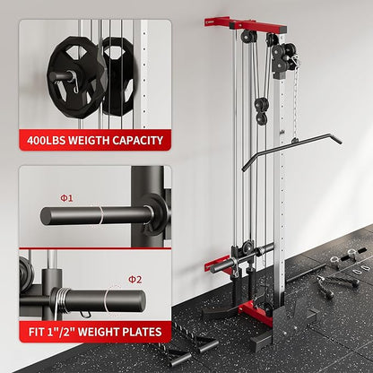 Wall Mount Cable Station – Dual Pulley Cable Crossover Machine with 18 Adjustable Positions, Tricep Rope, T-Bar, LAT Pulldown Bar & Foot Board for Home Gym Strength Training