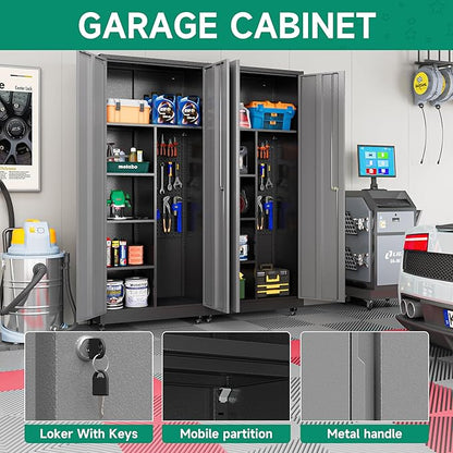 Metal Garage Storage Cabinet with Locking Doors and Adjustable Shelves, Rolling Tool Storage on Wheels - Black Gray