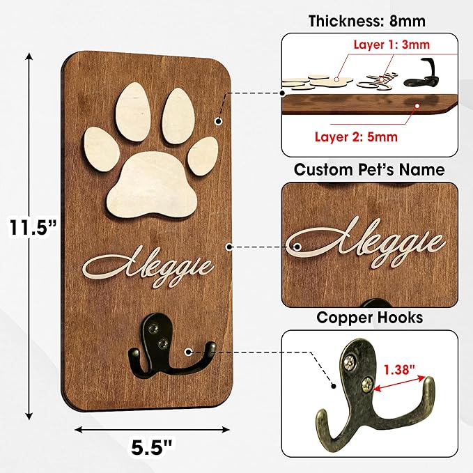 Personalized Dog Leash Holder Wall Mount, Pet Harness Hanger, Dog Collar Organizer for Entryway, Key Rack for Wall Decorative, Memorial Cat Leash Holder for Wall, Pet Loss Gifts, Home Decor