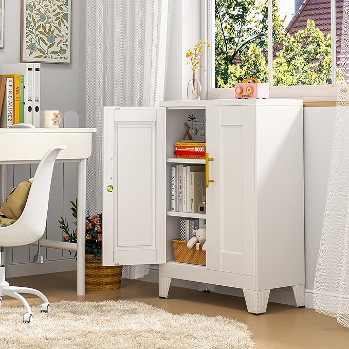 35.43" Lockable Metal Storage Cabinet, Steel Locker File Cabinet with 2 Doors ＆ 2 Adjustable Shelves, Multi-Purpose Organizer for Home, Office File Storage & Garage Locker (White)