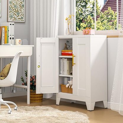 35.43" Lockable Metal Storage Cabinet, Steel Locker File Cabinet with 2 Doors ＆ 2 Adjustable Shelves, Multi-Purpose Organizer for Home, Office File Storage & Garage Locker (White)