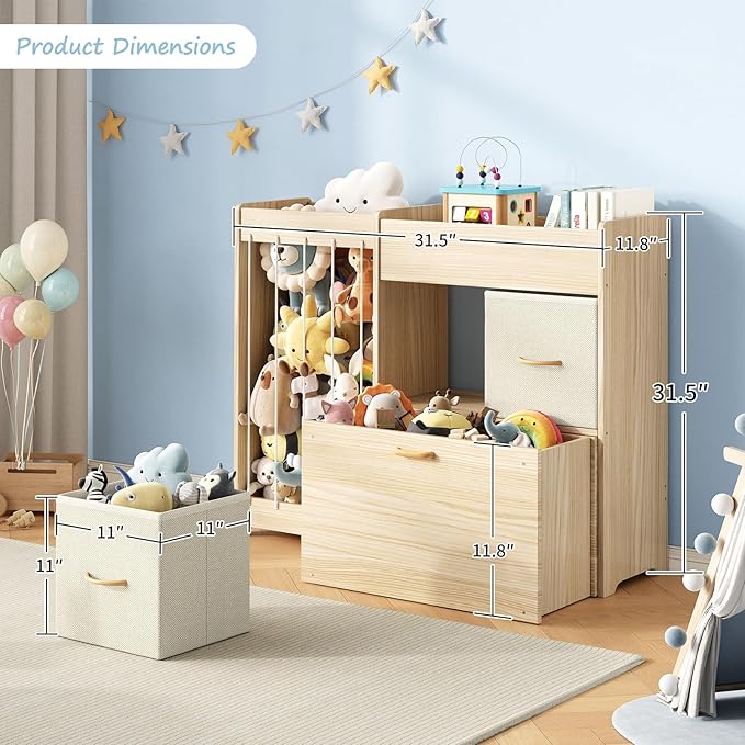 Toy Organizer and Stuffed Animals Storage, All-in-One Toy Shelf with Stuffed Animal Holder, 2 Drawers, Movable Toy Chest & Top Shelf, Solid Wood Bedroom Toy Storage Organizer