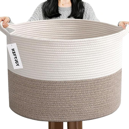 90L Large Blanket Basket,21.7"L x 21.7"W x 13.8"H Rope Woven Baskets with Handles, Toys Storage Bins,Laundry Basket Perfect for Living Room, Nursery,Bedroom,Home Organization,White&Brown