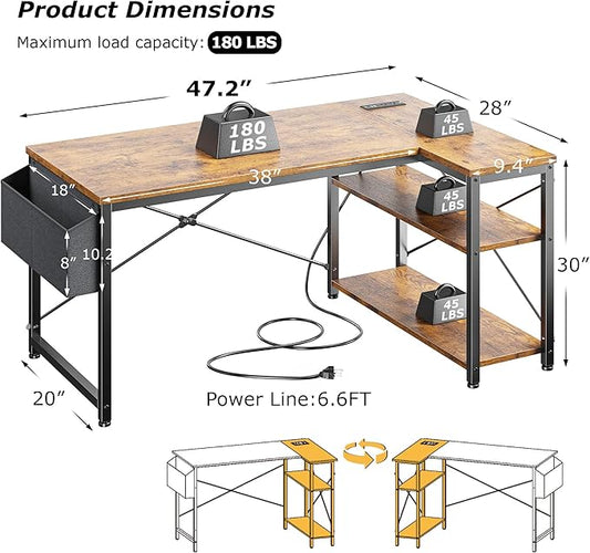 EnHomee 48" Small L Shaped Computer Desk with Power Outlets,Office Desk with Reversible Storage Shelves&Side Bag,Small Corner Desk for Working Space Home Office Bedroom,Study Writing Table,Brown