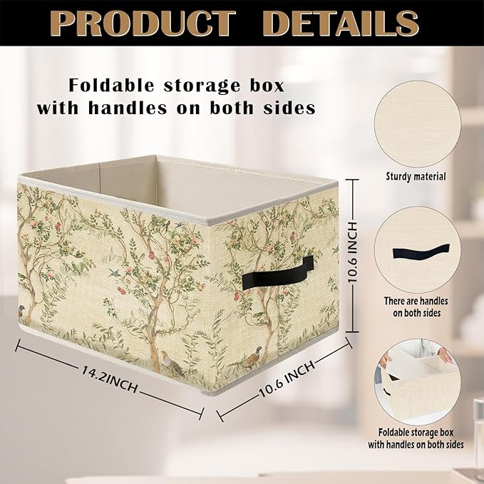 Beige Chinoiserie Floral Botanical Storage Bin Box with Handles, Cottagecore Aesthetic Foldable Organizer Basket Toybox for Girls Room Bedroom Bathroom Clothes Toys Books