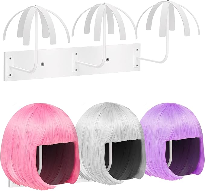 Hanging Wig Stand for Multiple Wigs, 6 PCS Wall Mounted Wig Hanger Holder, Sturdy Wig Storage Organizer Rack for Display, Storage, Styling, Drying (Carbon Steel and Wood)