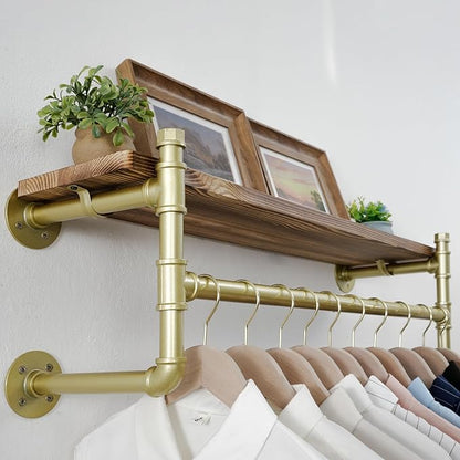 WEBI Wall Mounted Clothes Rack with Shelf,32" Industrial Pipe Clothing Rack with Shelf with Hanging Rod,Heavy Duty Iron Garment Rack Bar,Retail Display Clothes Rod for Laundry Room,Closet,Gold
