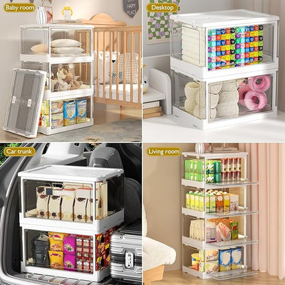 Clear Storage Bin with Lid 3 Pack 【Stackable & Sturdy】 Plastic Multifunctional Folding Storage Bins for Bedroom, Living Room, Study,Room, 23 QT Folding Box with Magnetic Door