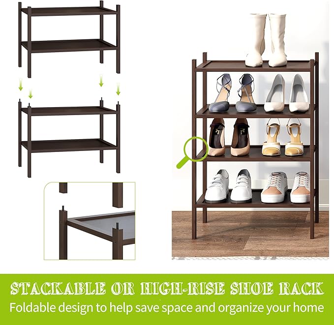 BMOSU 2-Tier Bamboo Small Shoe Rack Premium Stackable Shoe Shelf Storage Organizer for Hallway Closet Living Room Entryway Organizer(Brown)