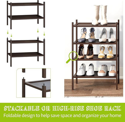 BMOSU 2-Tier Bamboo Small Shoe Rack Premium Stackable Shoe Shelf Storage Organizer for Hallway Closet Living Room Entryway Organizer(Brown)