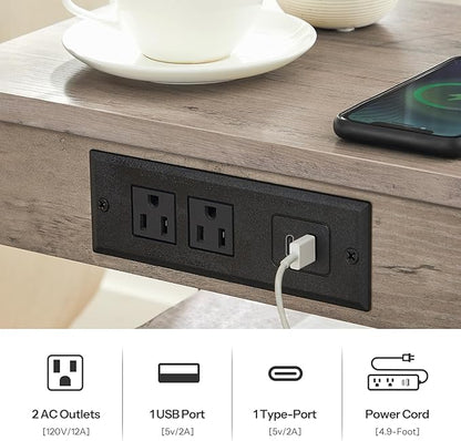 HOOBRO Side Table with Charging Station and USB Port, Small End Table for Small Space, 3-Tier Nightstand with Adjustable Shelf, for Living Room, Bedroom and Balcony, Greige BG112BZ01