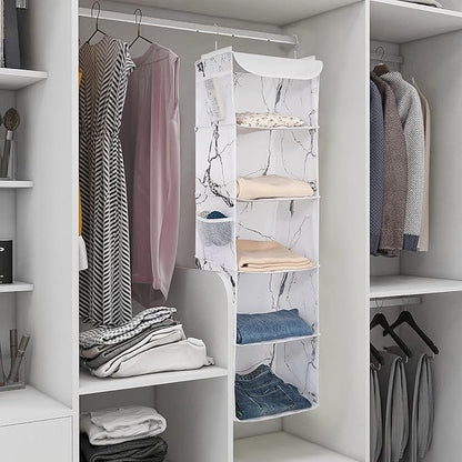 5 Shelves Hanging Closet Organizer, 2 Pack Hanging Storage with 6 Side Pockets for Clothes Shoes, 43"x12"x12"(Marblizing)