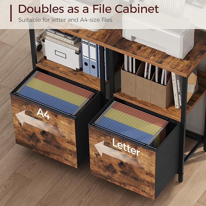 Printer Table with Storage, Home Printer Stand with File Cabinet, Fits A4/Letter Size Files, Printer Cabinet with Large Tabletop, Display Shelf, for Home Office, Rustic Brown PTHR3501