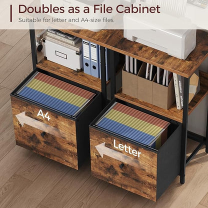 Printer Table with Storage, Home Printer Stand with File Cabinet, Fits A4/Letter Size Files, Printer Cabinet with Large Tabletop, Display Shelf, for Home Office, Rustic Brown PTHR3501