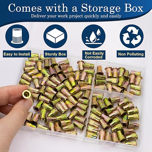 10-24 UNC Rivet Nut, 125Pcs Zinc Plated Finish Carbon Steel Flat Head Threaded Insert Nutsert Kit