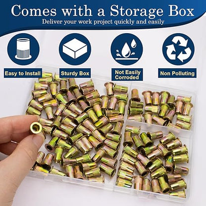 10-24 UNC Rivet Nut, 125Pcs Zinc Plated Finish Carbon Steel Flat Head Threaded Insert Nutsert Kit