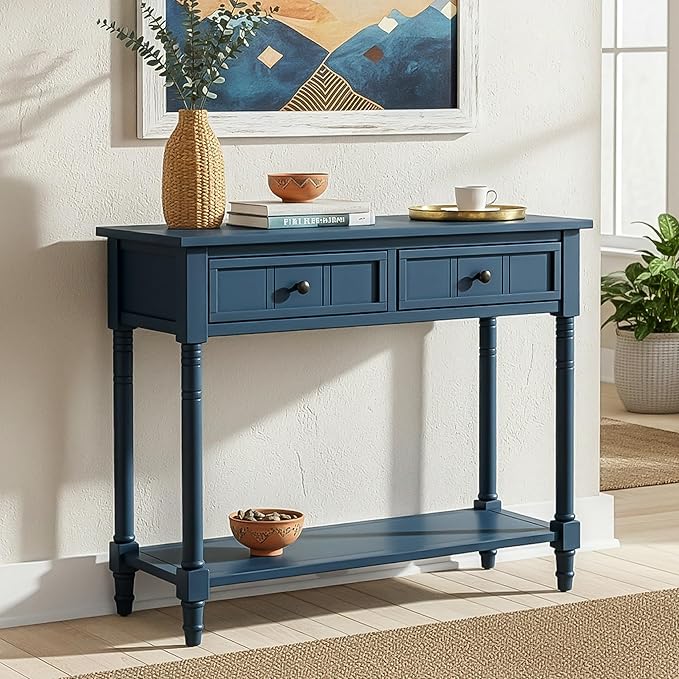35.34" Console Table Traditional Design with Two Drawers and Bottom Shelf,Dark Navy