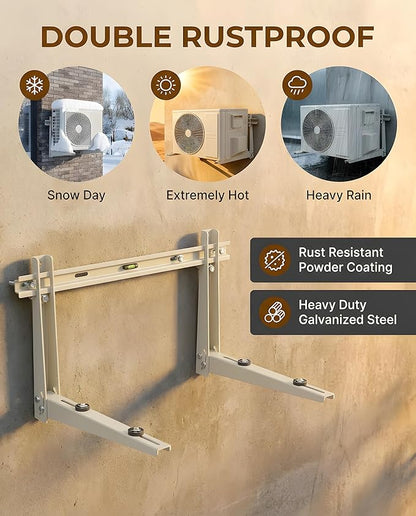 Heavy Duty Mini Split Wall Mounting Bracket for Outside, 400lb Load Capacity, Galvanized Carbon Steel, Dual Anti-Rust Coating, Leveling Bar, Anti-Vibration Pads, Fits 7000–12000 BTU AC Units