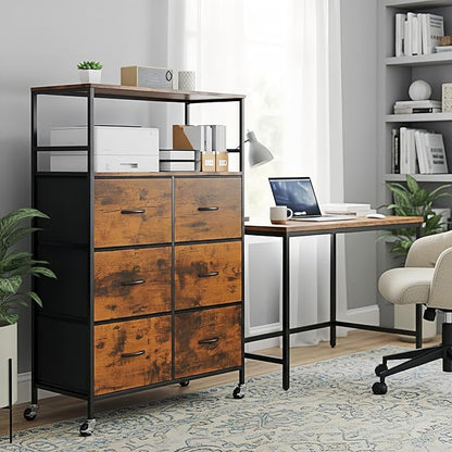 51" H Tall Mobile File Cabinet, Rolling Printer Stand with 6 Drawers, Adjustable Hanging Rails for A4/Letter/Legal Files, Fabric Vertical Filing Cabinet for Home Office, Rustic Brown