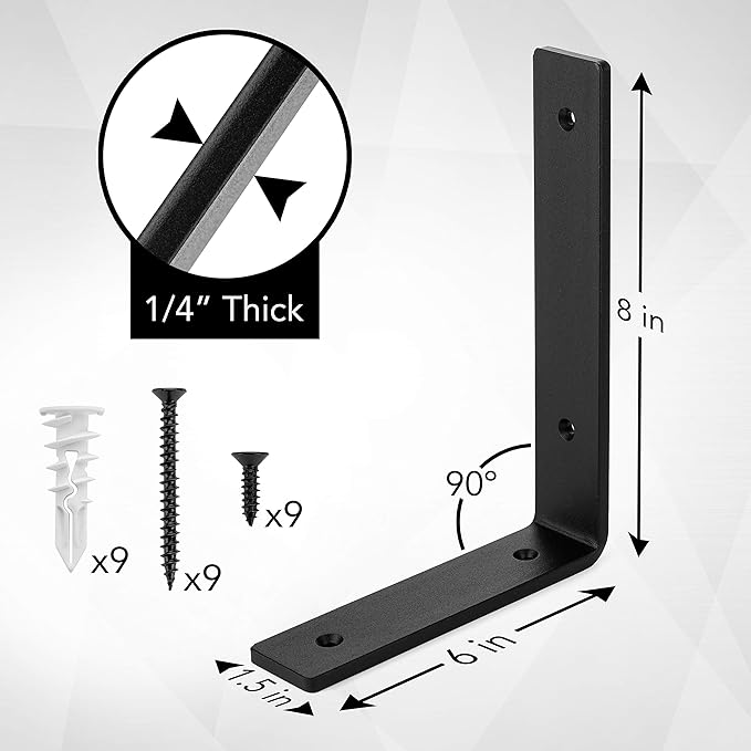 Heavy-Duty Shelf Brackets - Premium Construction Grade 1/4" (6mm) Thick Steel - Matte Black Iron Finish for Modern Farmhouse Rustic Open Shelving w/ Hardware, 4-Pack (L Bracket 8" x 6")