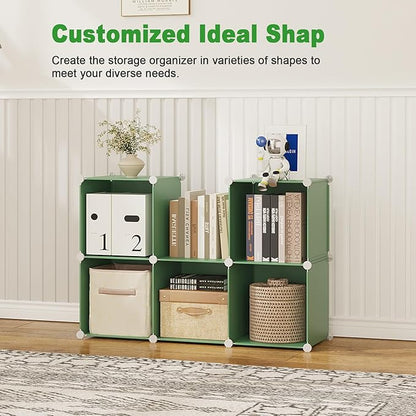 C&AHOME 6-Cube Storage Organizer, Stackable Storage Cubes Shelves, Portable Bookshelf, Plastic Clothing Storage Closet Organizer, DIY Modular Shelving Units for Wardrobe, Home, Green
