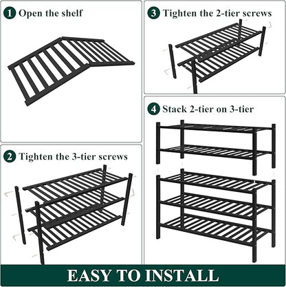 Smiry Bamboo Shoe Rack for Closet, 5 Tier Wooden Stackable Shoe Organizer, Free Standing Shoes Storage Shelf for Entryway, Front Door Entrance, Black