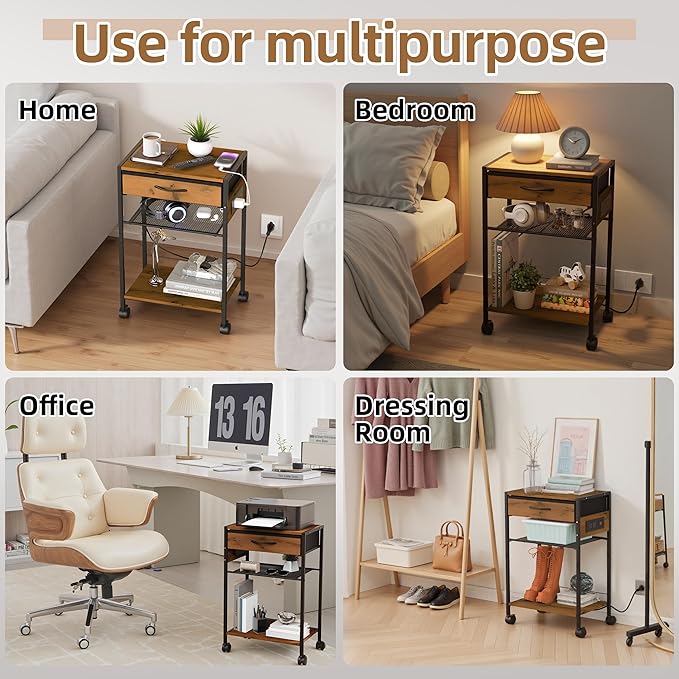 3-Tier Printer Stand with Charging Station, Wood & Metal Printer Table with Storage Drawer for Home Office, Rolling Printer Cart with AC, USB, C-Type Port and Wheels