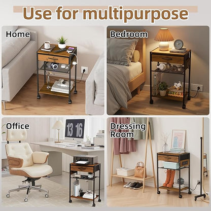 3-Tier Printer Stand with Charging Station, Wood & Metal Printer Table with Storage Drawer for Home Office, Rolling Printer Cart with AC, USB, C-Type Port and Wheels