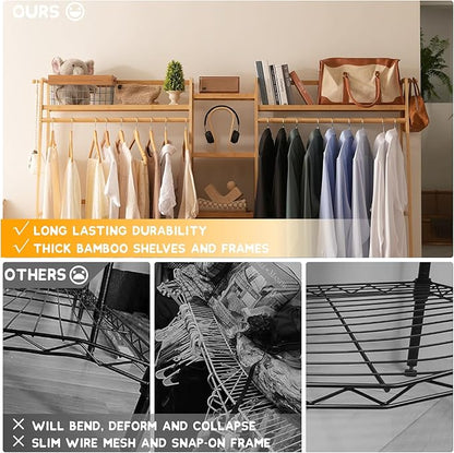Bamboo Garment Rack 9 Tier Storage Shelf Coat Clothes Hanging Rack, Portable Wardrobe Closet Organizer With Top Shelf, Shoe Storage Shelves for Bedroom (Natural - 74.8 in)
