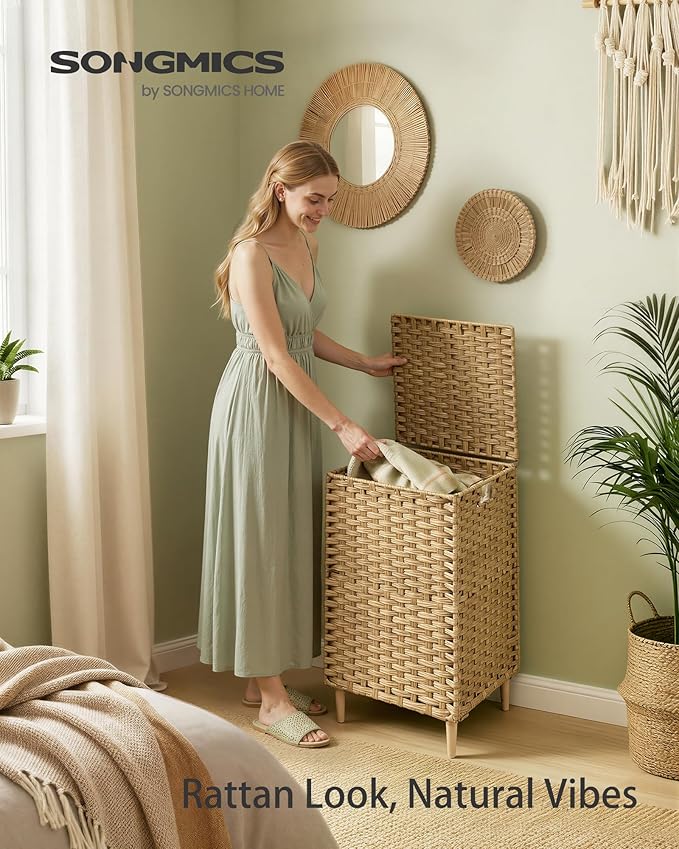 SONGMICS Laundry Hamper with Lid, 25 Gal (95L) PE Rattan Laundry Basket with Removable Washable Liners, for Bedroom & Living Room, Goose Yellow ULCB221YE01