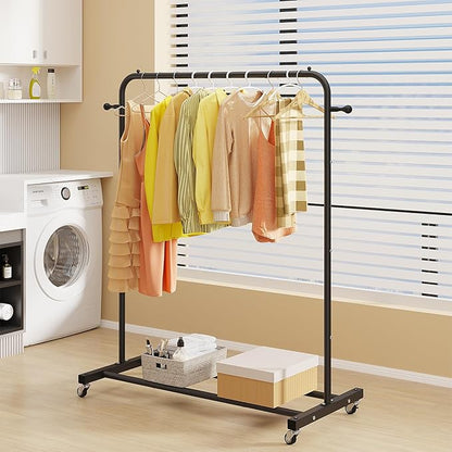 Sywhitta Clothing Rack on Wheels with Storage Shelf & Sturdy Metal Frame, Retail Clothing Rack for Hanging Clothes, Coats, Skirts,Space-Saving Mobile Organizer for Closet, Bedroom, Laundry Room, Black