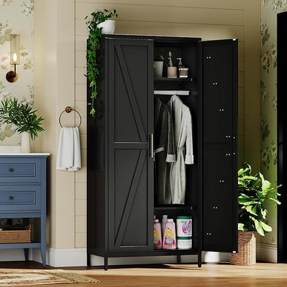 Aobabo 2 Door Metal Wardrobe Cabinet with Hanging Rod, Metal Wardrobe Closet with 2 Adjustable Shelves, Storage Lockers for Home,Office,Installation Required, Black