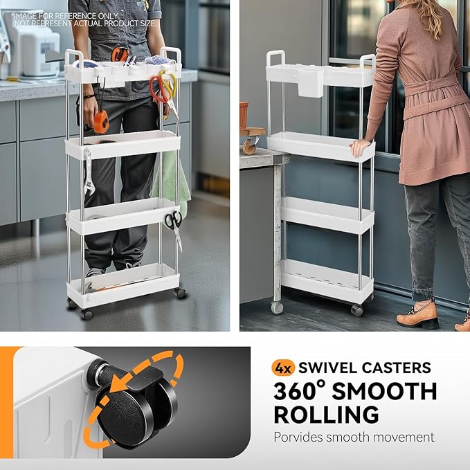 Auto Dynasty 4 Tier Slim Rolling Cart with Handle, Multifunction Utility Storage Rolling Cart, Movable Storage Organizer with Wheels for Office, Bathroom, Kitchen, Narrow Places (White)