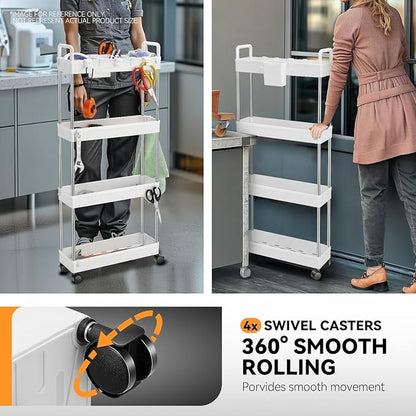 Auto Dynasty 4 Tier Slim Rolling Cart with Handle, Multifunction Utility Storage Rolling Cart, Movable Storage Organizer with Wheels for Office, Bathroom, Kitchen, Narrow Places (White)