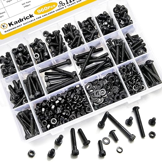 Kadrick Metric Screw Assortment, 960PCS M5 Screw Assortment Kit,M5 Bolts Nuts Washers, Grade 10.9 Alloy Steel Hex Socket Black Screws,Lenth Form 8MM-40MM