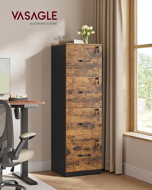 VASAGLE 4-Drawer Vertical File Cabinet, Filing Cabinet for Home Office, Printer Stand, with 4 Lockable Drawers, Adjustable Hanging Rail, for A4 and Letter-Size Files, Rustic Brown UOFC082K01