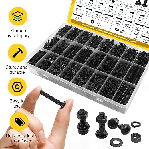 2300PCS M3 Screws with Nuts Assortment Kit, M3x4/6/8/12/16/20/25/30/35 mm Hex Socket Button & Cap Head Bolts Nut and Washers Set, 12.9 & 10.9 Grade Black Zinc Plated for DIY, 3D Printer