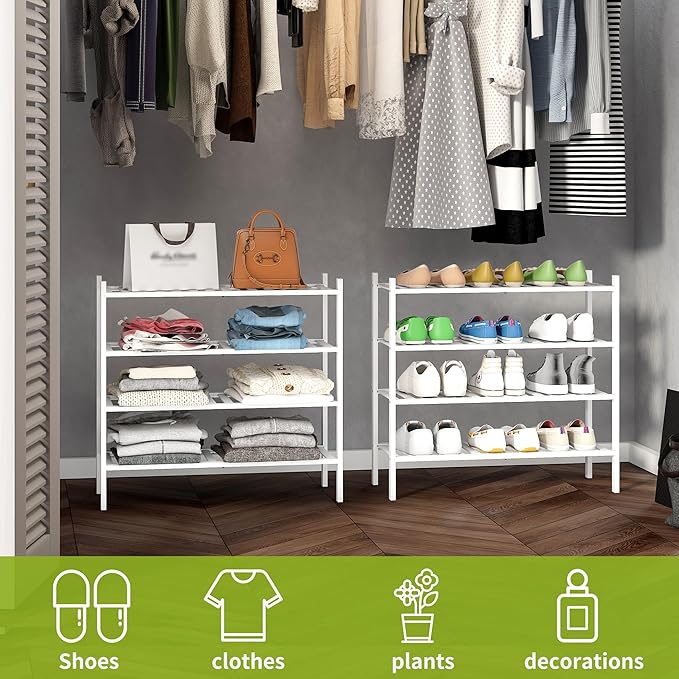 BMOSU 4-Tier Bamboo Shoe Rack Premium Stackable Shoe Shelf Storage Organizer for Hallway Closet Living Room Entryway Organizer(White Bamboo)