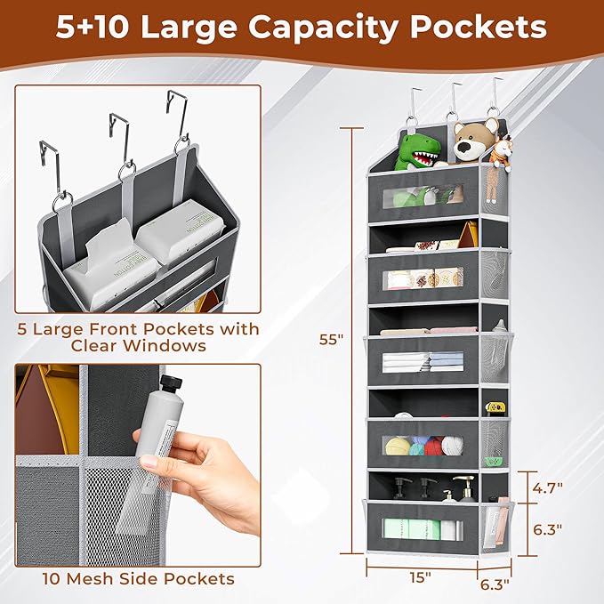 5-Tier Over The Door Storage Organizer with 10 Side Mesh Pockets, 48 lbs Load Capacity, 3 Hooks Design, Door Hanging Organizer with Clear Windows for Bathroom, Bedroom, Nursery, Kitchen-Grey