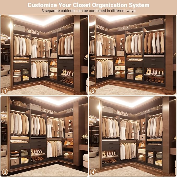 Unikito 86" Corner Closet System, Modular Closets Organizer with 4 Hanging Rods and Storage Shelves, Freestanding Adjustable Wood Clothes Garment Rack with Drawers, Sturdy Walk in Closet Tower, Black