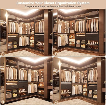 Unikito 86" Corner Closet System, Modular Closets Organizer with 4 Hanging Rods and Storage Shelves, Freestanding Adjustable Wood Clothes Garment Rack with Drawers, Sturdy Walk in Closet Tower, Black