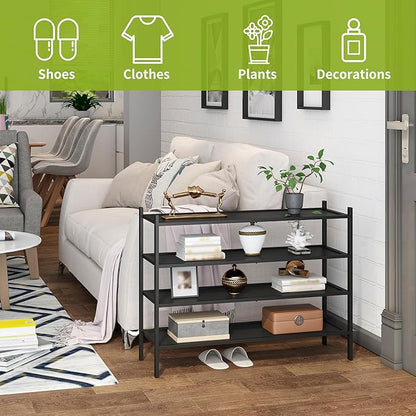 BMOSU 4-Tier Bamboo Extended Shoe Rack Premium Stackable Shoe Shelf Storage Organizer for Hallway Closet Living Room Entryway Organizer(Black)