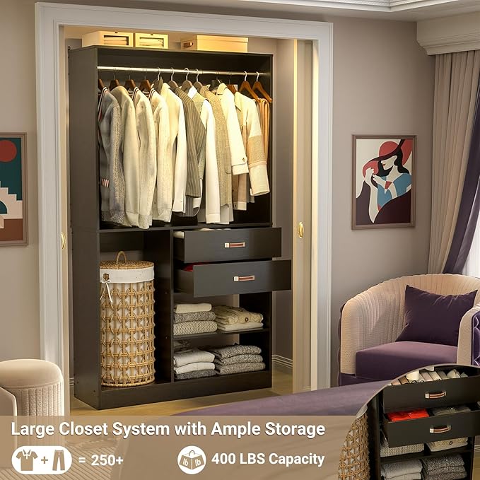 Armocity Freestanding Closet System with Suitcase Storage, 40 Inches Stand-alone Wardrobe with 2 Wood Drawers, 80'' Height Adjustable Cloth Garment Rack, Walk-in Closet with Hanging Rod, Black