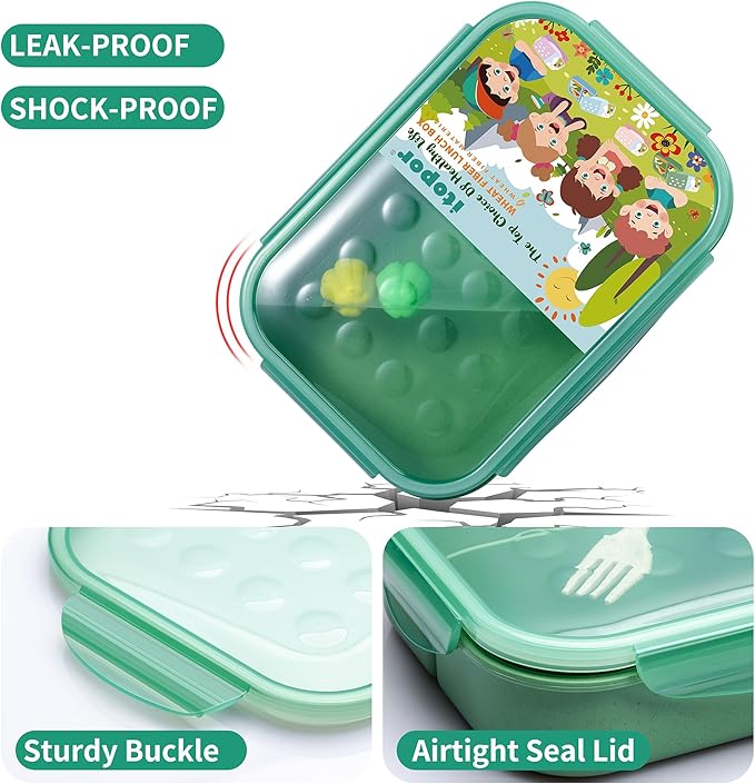 Wheat Straw Lunch Box, Leakproof 3-Compartment Bento Box for Kids & Adults, BPA-Free Lunch Containers, Microwave & Dishwasher Safe, 5.5 Cup (Green)