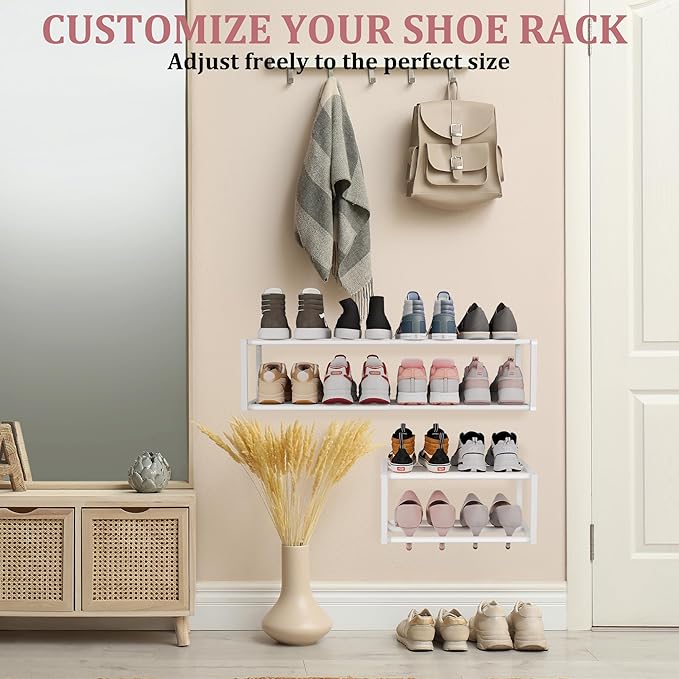 2 Pack Expandable Wall Mounted Shoe Rack, 17"-31" Adjustable Hanging Shoe Rack Holds 16 Pairs, Heavy Duty Metal Shoe Holder with 4 Storage Hooks, Space Saving for Entryway Closet Doorway（White