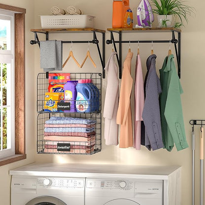 Laundry Room Shelves Wall Mounted with Wire Baskets, Over the Washer and Dryer Shelf with Clothes Drying Rack, Wire Shelves Baskets for Laundry Closet Organization and Storage, Wood+Metal, Black
