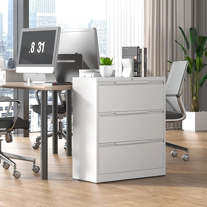 Lateral File Cabinet, 3 Drawer Lateral File Cabinet with Lock, Metal Filing Cabinets for Home Office, White Wide Deep Drawer for Hanging Files Letter/Legal/A4/F4 Size, Printer Stand, Assembly Required