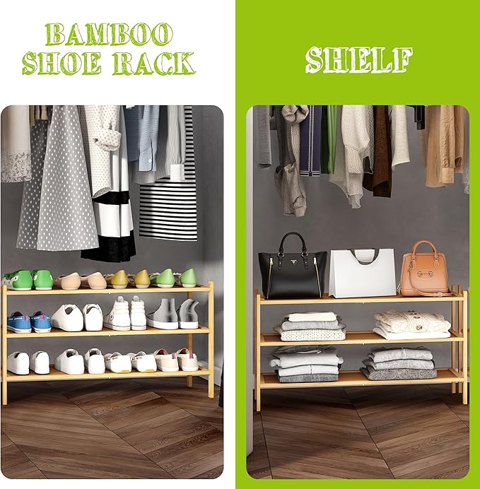BMOSU 3-Tier Bamboo Extended Shoe Rack Premium Stackable Shoe Shelf Storage Organizer for Hallway Closet Living Room Entryway Organizer(Natural)